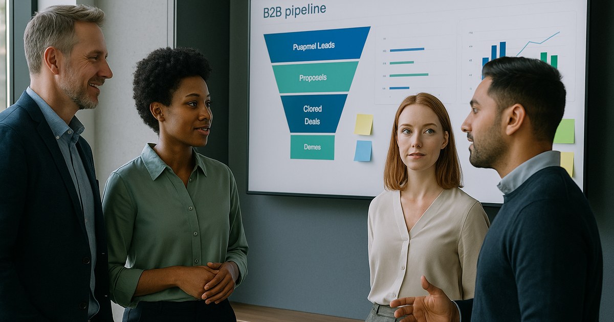 Mesa de trabajo con portátil y dashboard de KPIs de prospección B2B