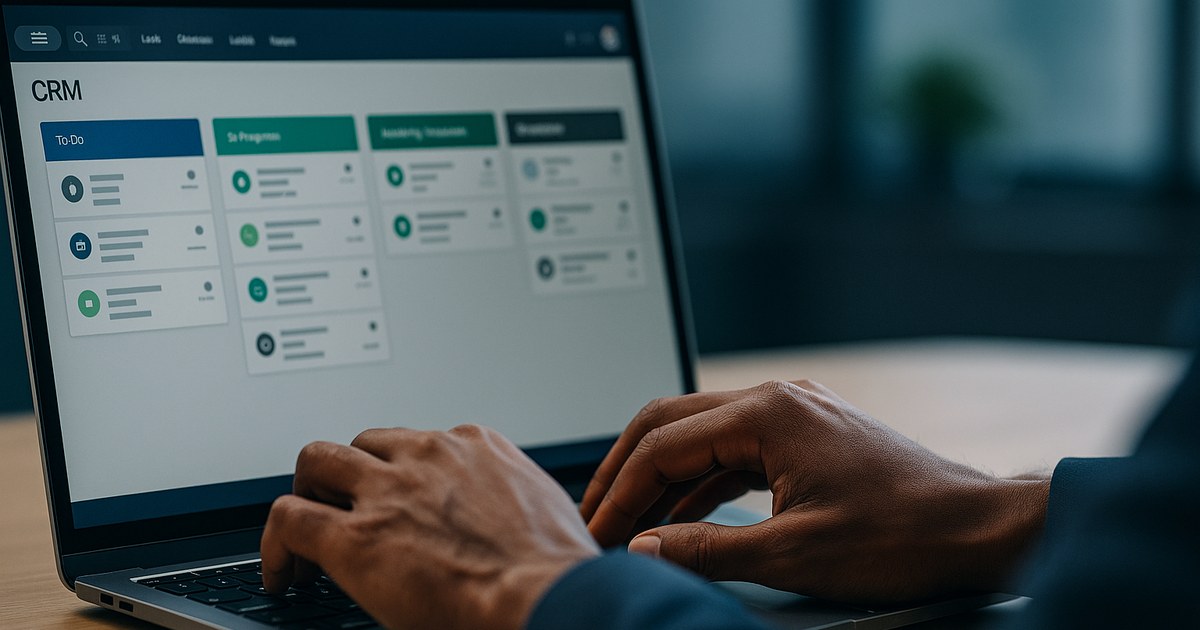 Manos tecleando en portátil con CRM B2B de columnas y tareas de prospección