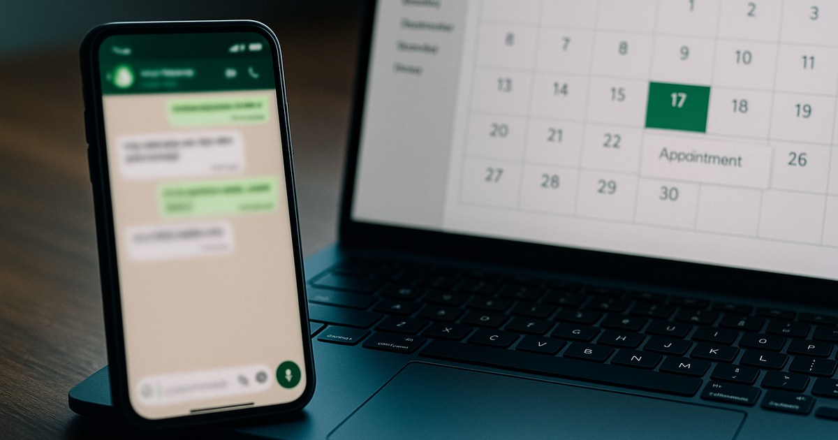 Confirmación de cita por WhatsApp junto a calendario de reservas en portátil