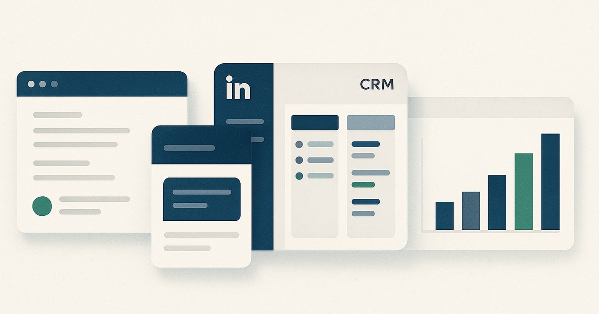 Capas de UI de email, LinkedIn y CRM que simbolizan los temas del blog B2B