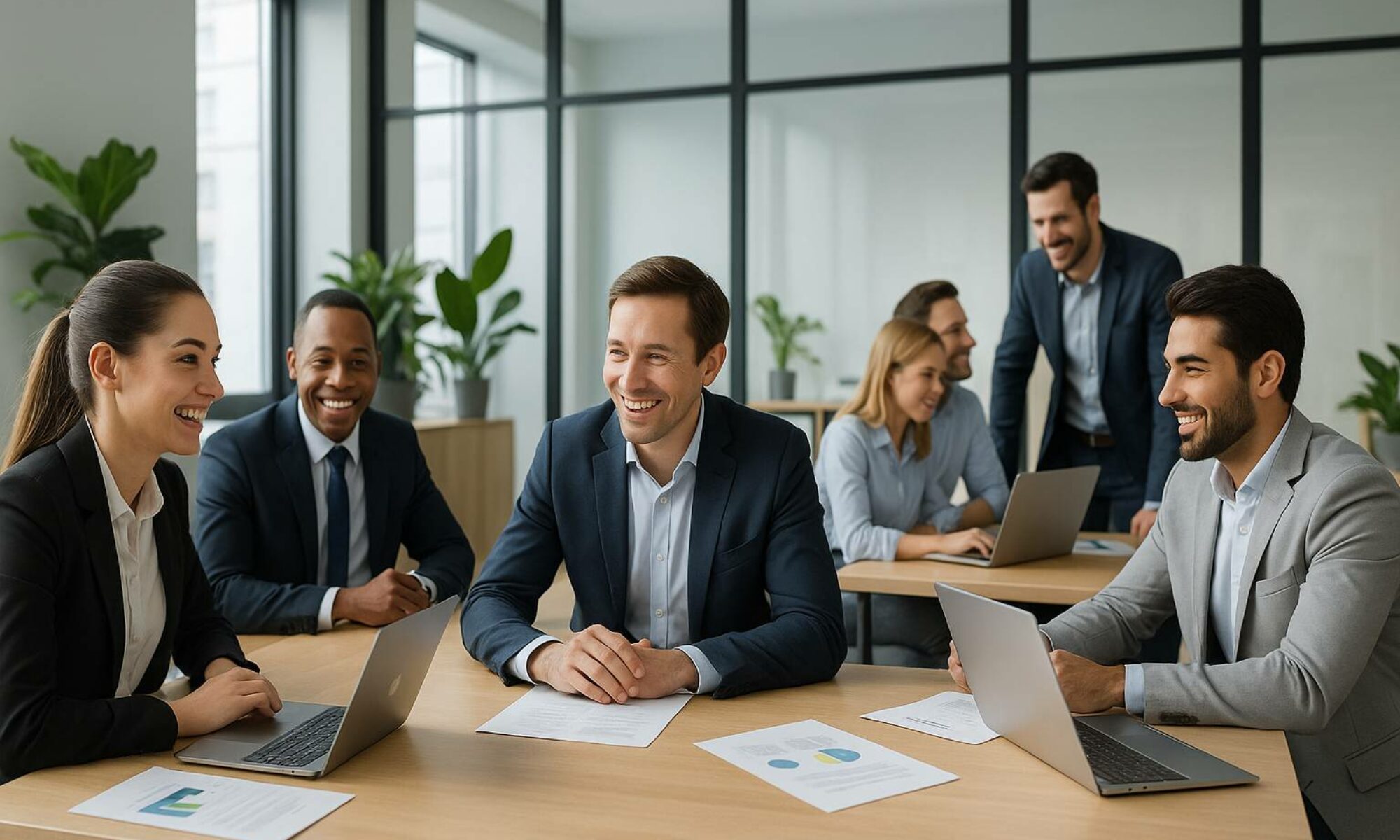 Prospectalia B2B – Oficina moderna Equipo de profesionales trabajando felices en una oficina moderna y luminosa, representando a Prospectalia B2B como agencia especializada en generación de prospectos, ventas internacionales y automatización comercial.