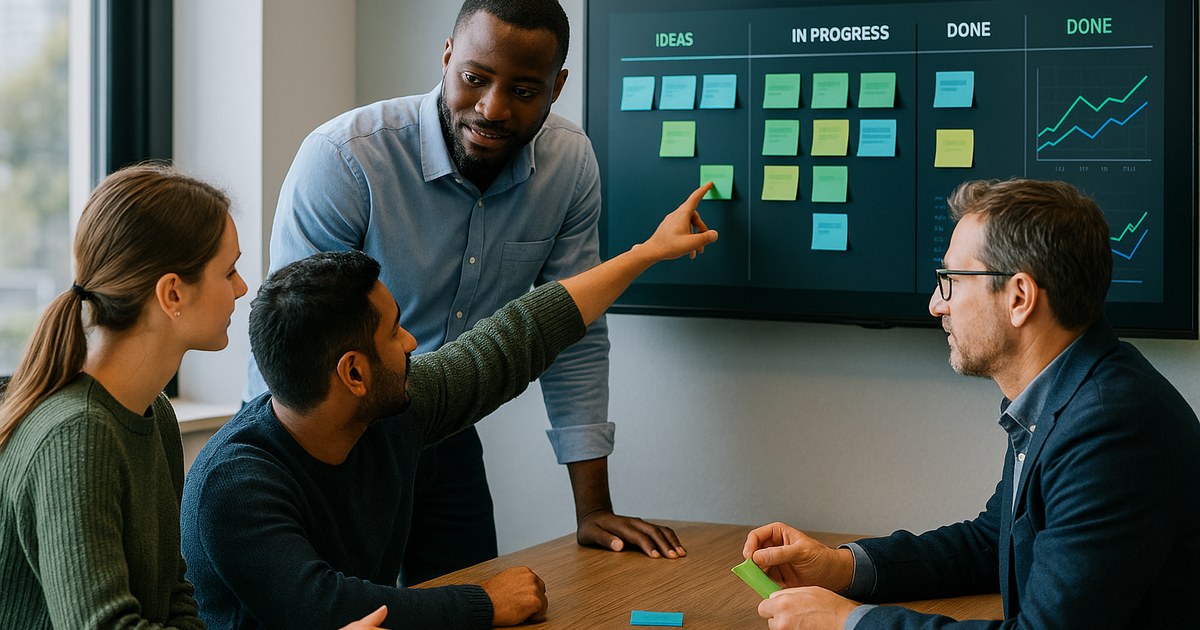 Equipo colaborando ante pantalla con roadmap y kanban B2B